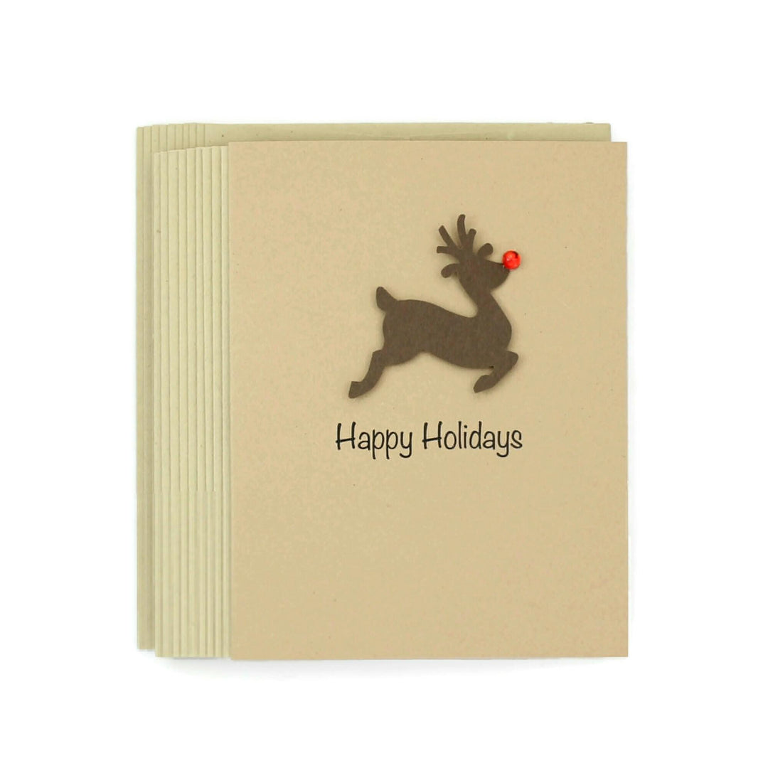 Reindeer Christmas Cards Pack of 10 Kraft Brown with Red Nose