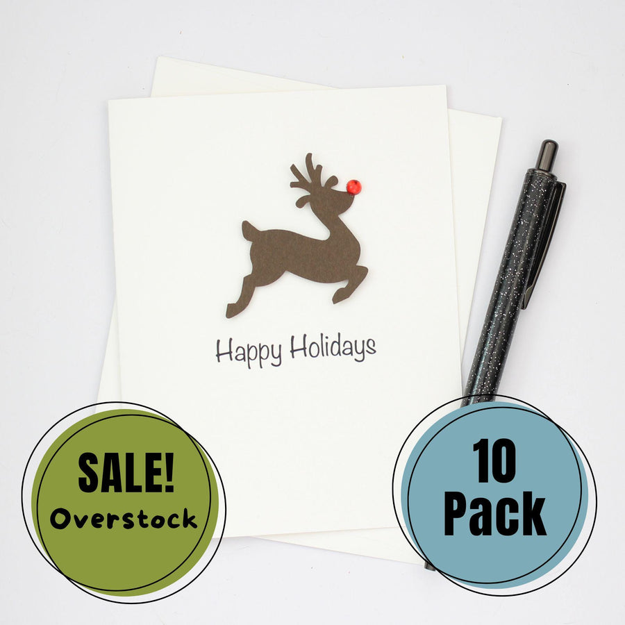 Reindeer Christmas Cards Pack of 10 White with Red Nose