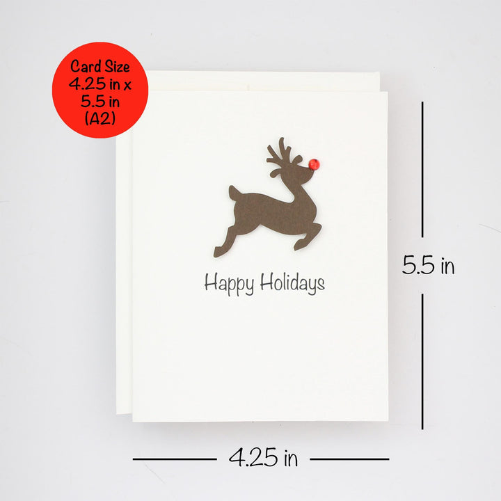 Reindeer Christmas Cards Pack of 10 White with Red Nose