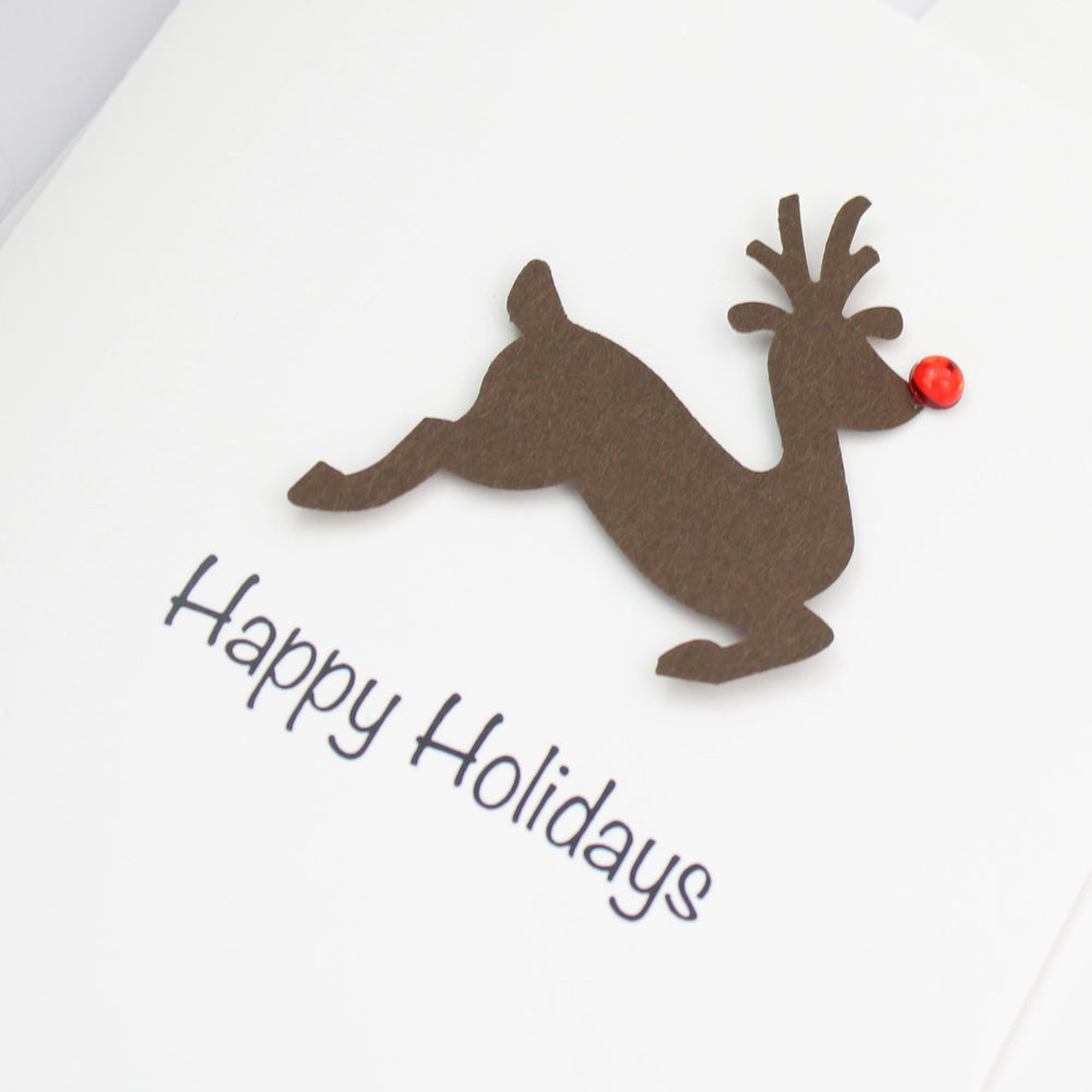 Reindeer Christmas Cards Pack of 10 White with Red Nose