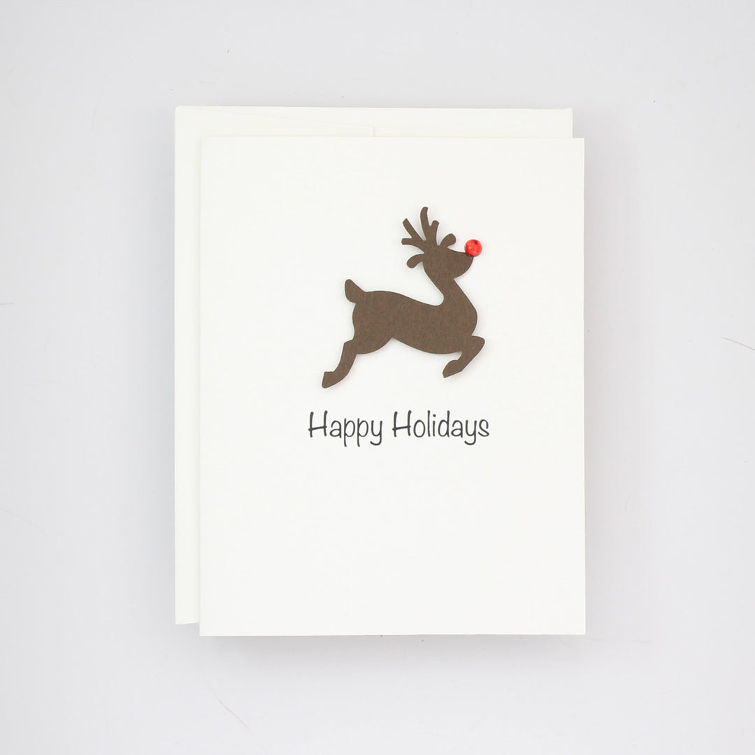 Reindeer Christmas Cards Pack of 10 White with Red Nose