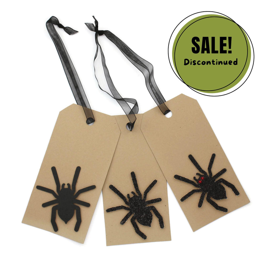 Spider Halloween Tags Pack of 6 | Handmade Holiday Tag Set | Kraft Brown paper black spider red eyes | Sheer Ribbon | Halloween decor