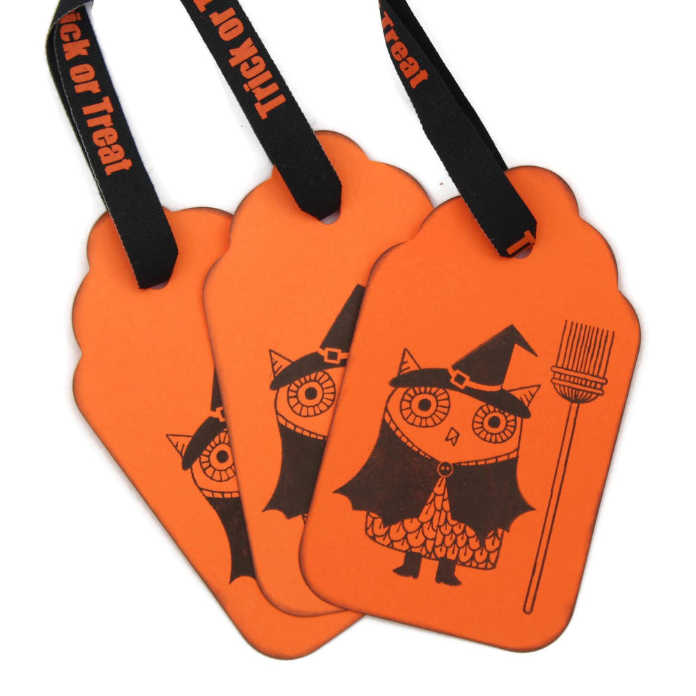 Halloween Gift Tag - Orange with Owl Witch - Pack of 3 with Trick or Treat Ribbon