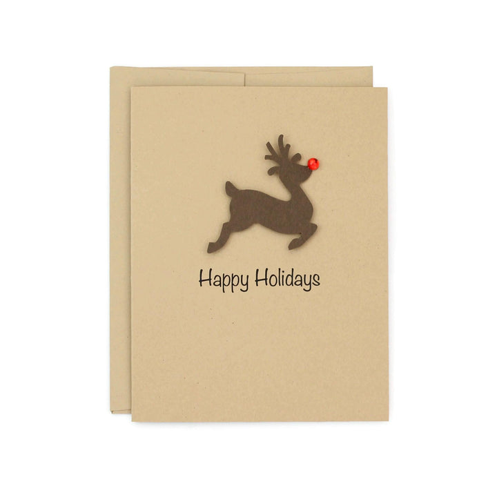 Reindeer Christmas Cards Pack of 10 Kraft Brown with Red Nose