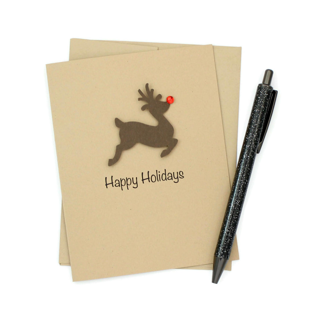 Reindeer Christmas Cards Pack of 10 Kraft Brown with Red Nose