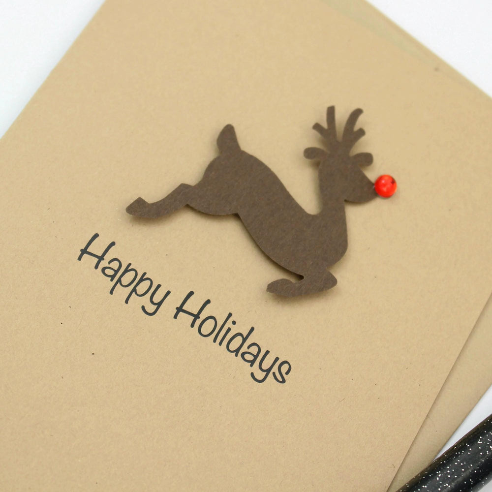 Reindeer Christmas Cards Pack of 10 Kraft Brown with Red Nose