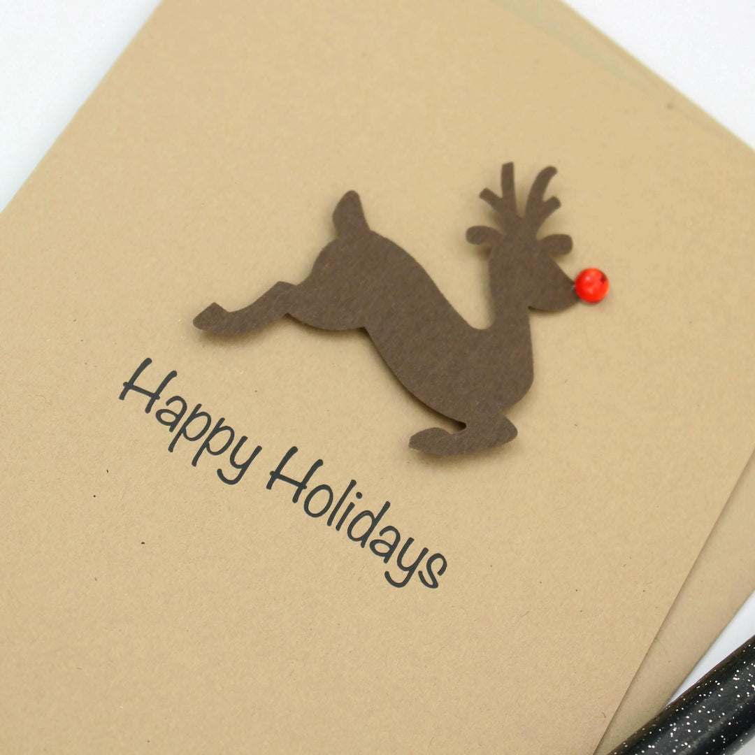 Reindeer Christmas Cards Pack of 10 Kraft Brown with Red Nose