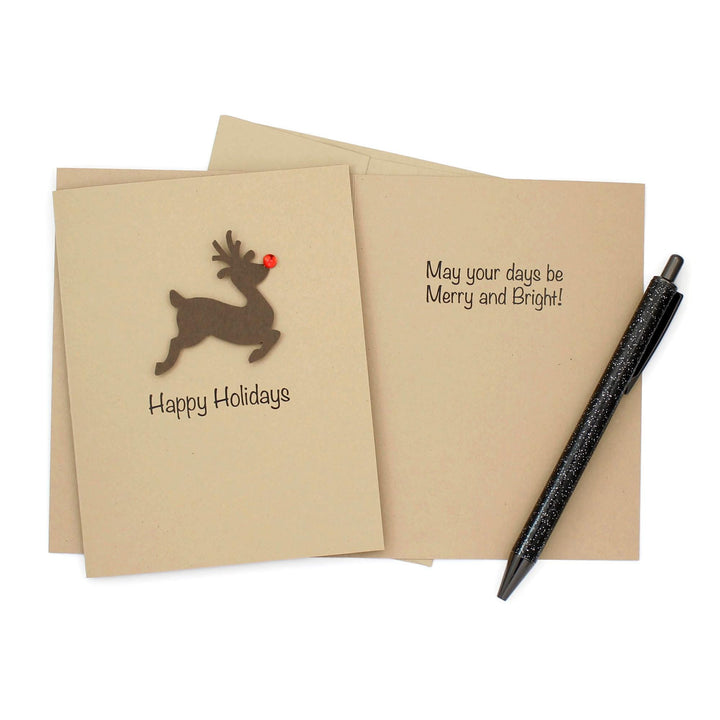 Reindeer Christmas Cards Pack of 10 Kraft Brown with Red Nose
