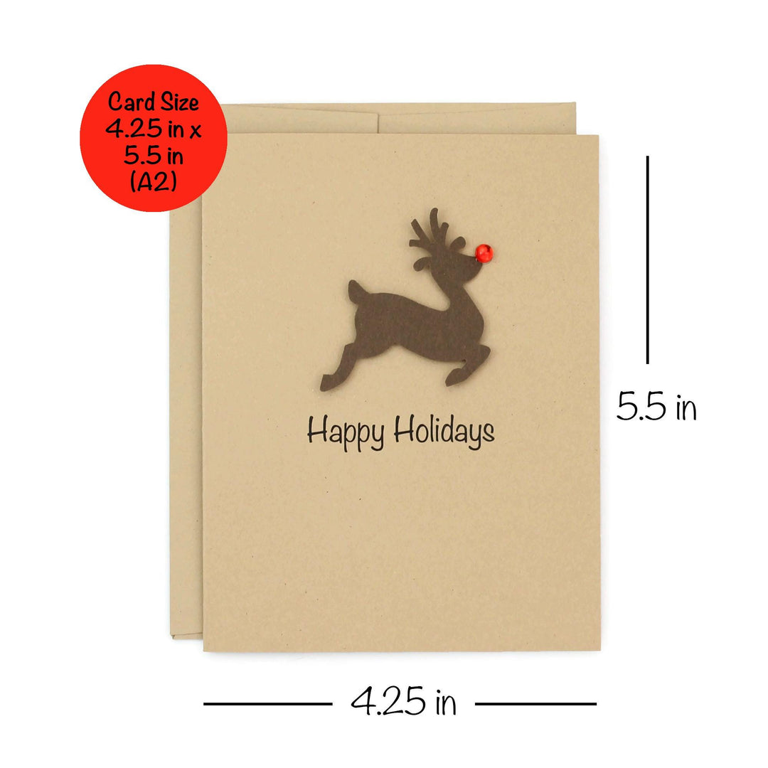 Reindeer Christmas Cards Pack of 10 Kraft Brown with Red Nose