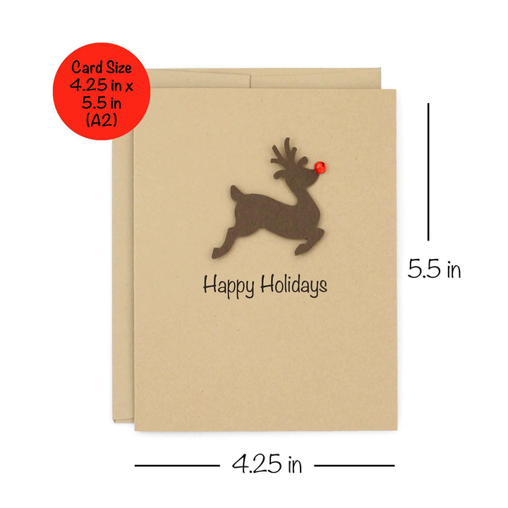Reindeer Christmas Cards Pack of 10 Kraft Brown with Red Nose