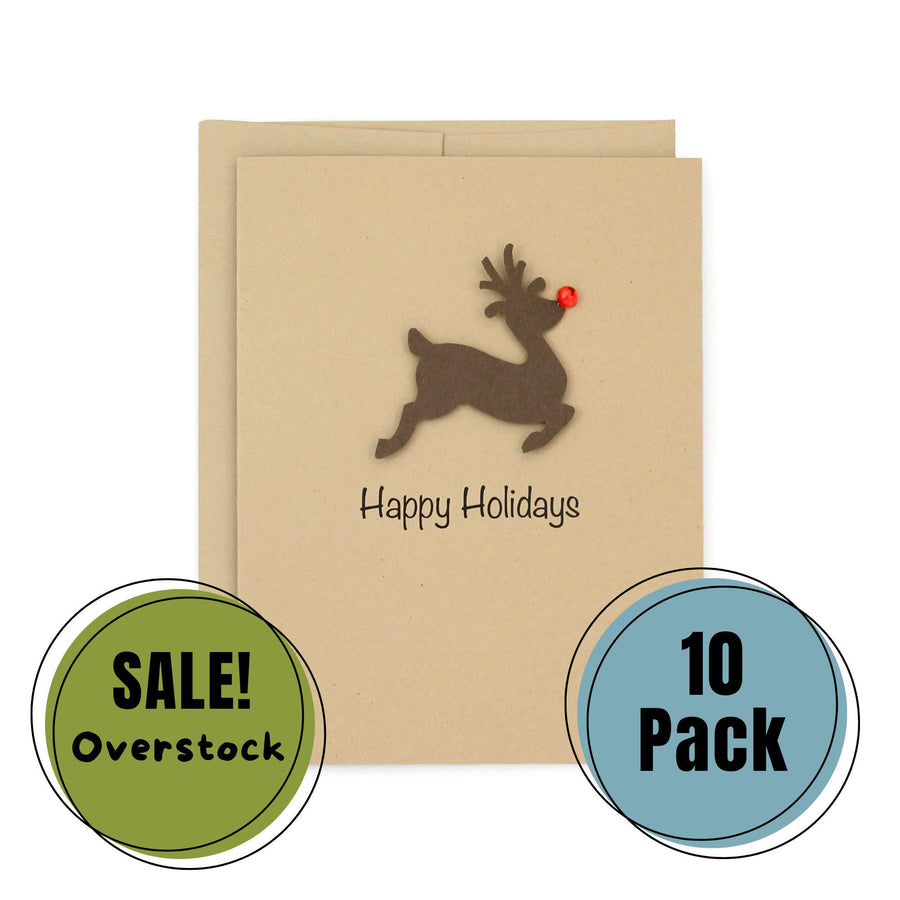 Reindeer Christmas Cards Pack of 10 Kraft Brown with Red Nose