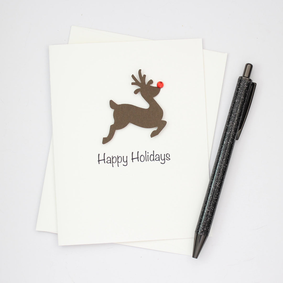 Reindeer Christmas Cards Pack of 10 White with Red Nose