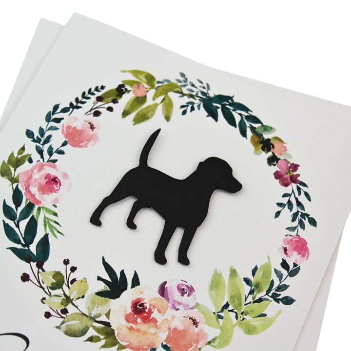 Black Beagle Sympathy Card: Floral Wreath, Handmade Pet Condolences