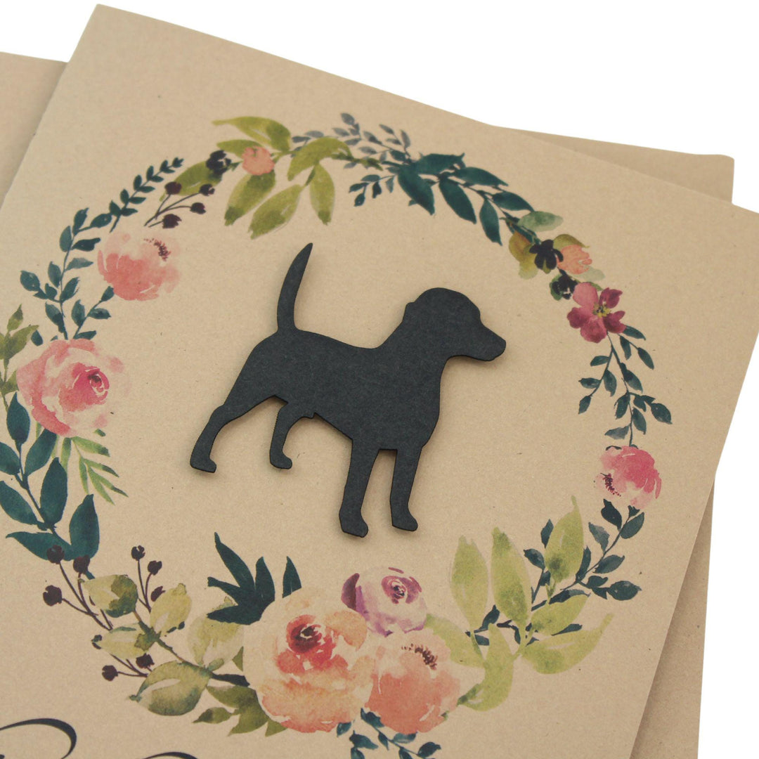 Black Beagle Sympathy Card: Floral Wreath, Handmade Pet Condolences