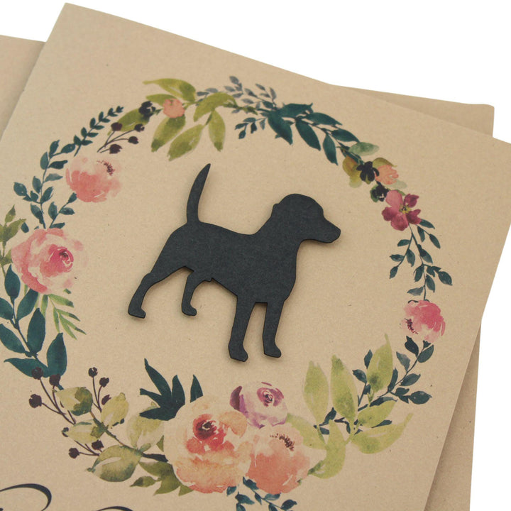 Black Beagle Sympathy Card: Floral Wreath, Handmade Pet Condolences