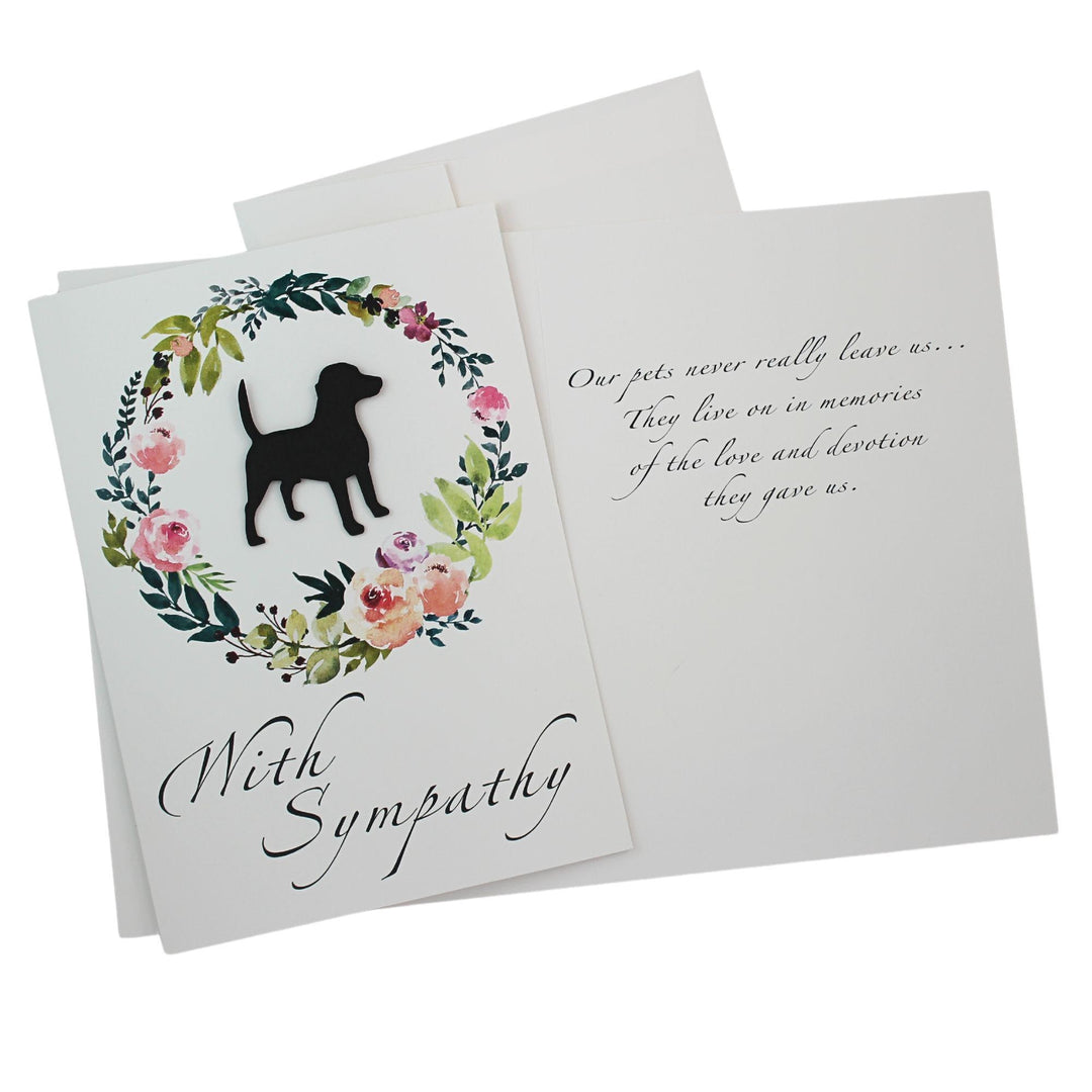 Black Beagle Sympathy Card: Floral Wreath, Handmade Pet Condolences