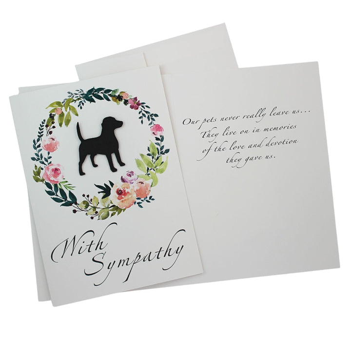 Black Beagle Sympathy Card: Floral Wreath, Handmade Pet Condolences