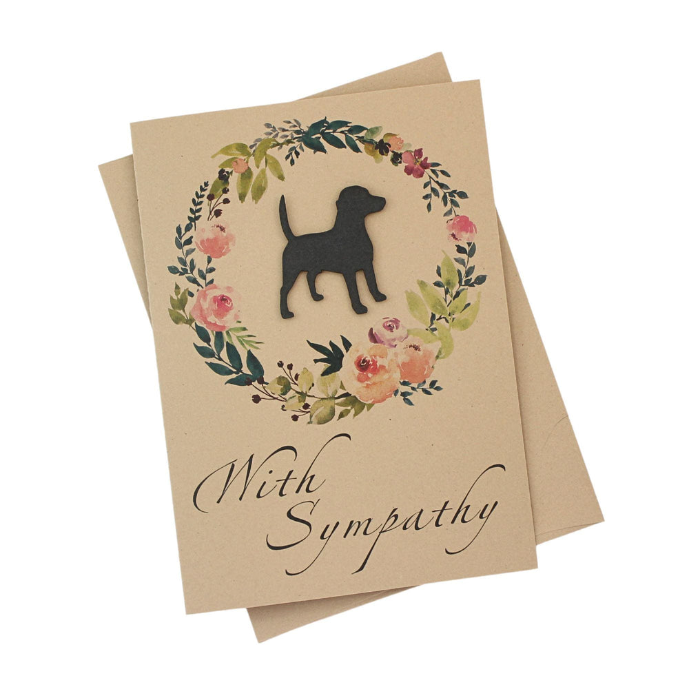 Black Beagle Sympathy Card: Floral Wreath, Handmade Pet Condolences