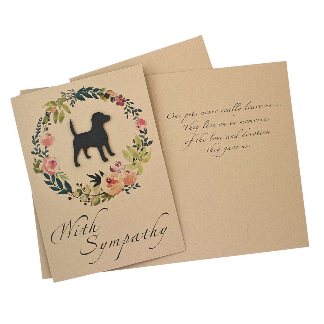 Black Beagle Sympathy Card: Floral Wreath, Handmade Pet Condolences
