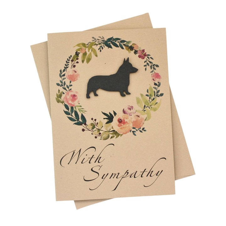 Black Pembroke Welsh Corgi Sympathy Card: Floral Wreath, Handmade Pet Condolences