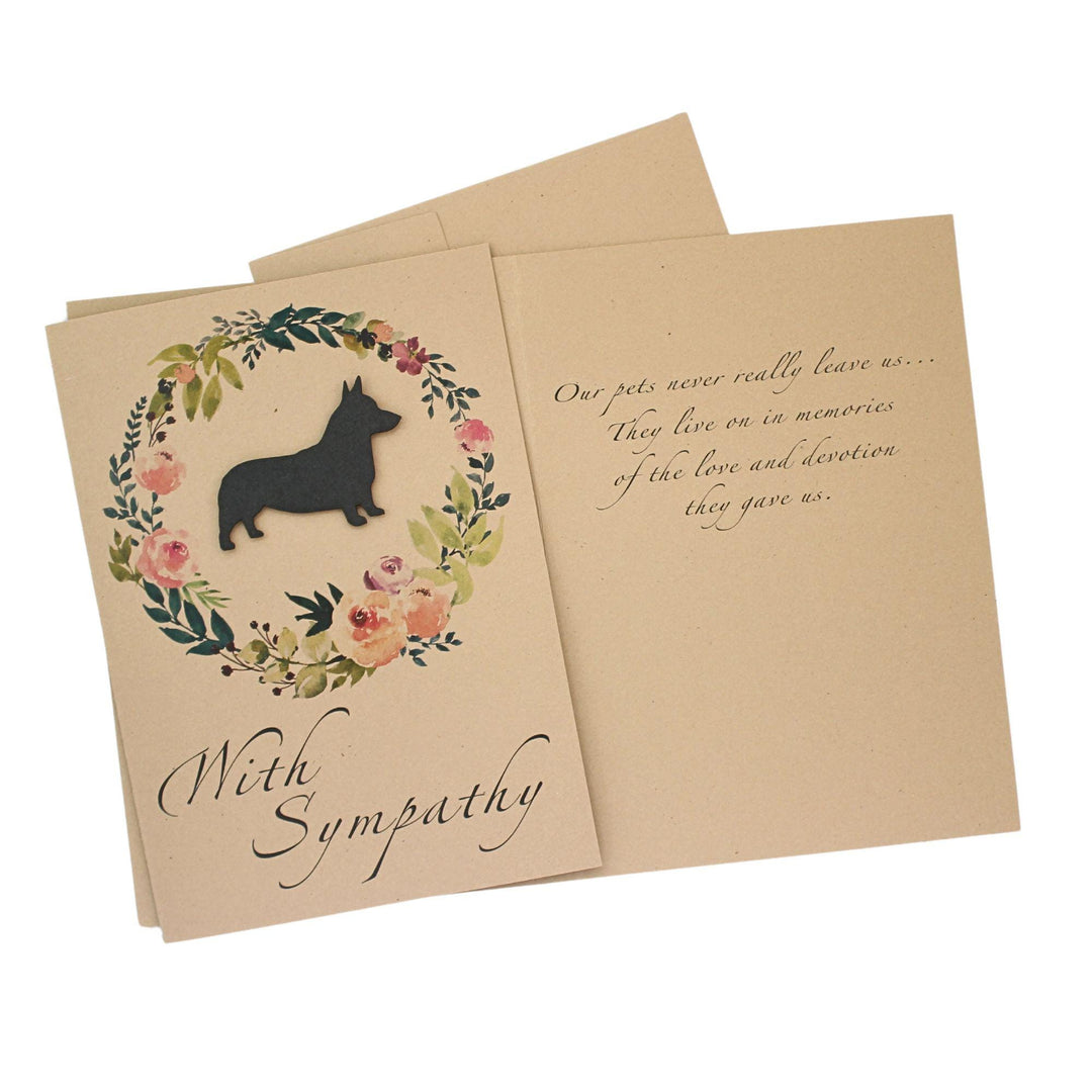 Black Pembroke Welsh Corgi Sympathy Card: Floral Wreath, Handmade Pet Condolences