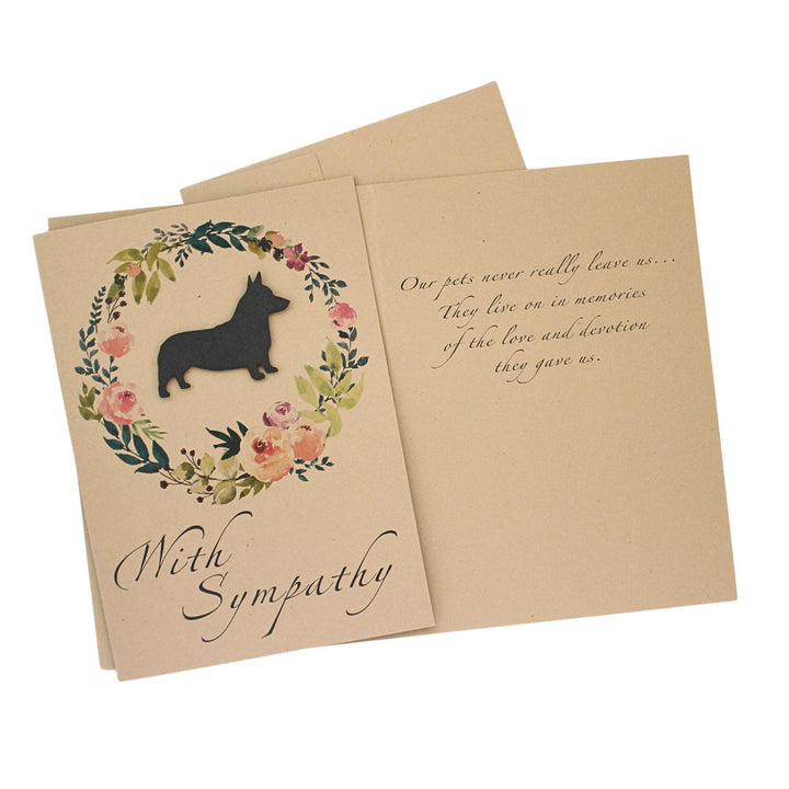 Black Pembroke Welsh Corgi Sympathy Card: Floral Wreath, Handmade Pet Condolences