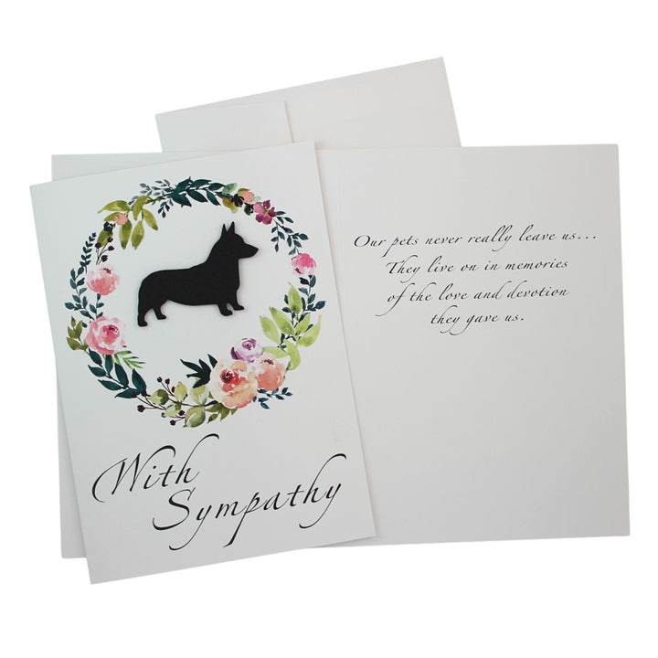 Black Pembroke Welsh Corgi Sympathy Card: Floral Wreath, Handmade Pet Condolences