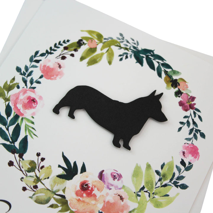 Black Pembroke Welsh Corgi Sympathy Card: Floral Wreath, Handmade Pet Condolences