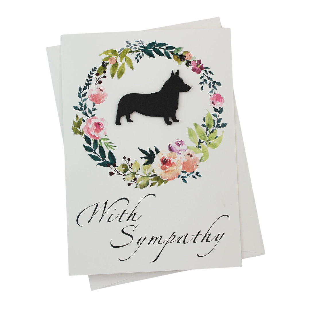 Black Pembroke Welsh Corgi Sympathy Card: Floral Wreath, Handmade Pet Condolences