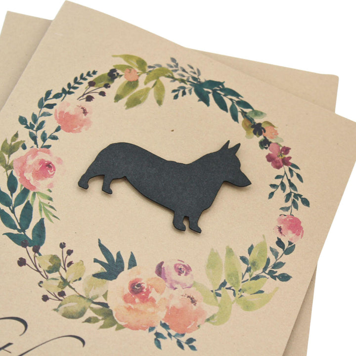 Black Pembroke Welsh Corgi Sympathy Card: Floral Wreath, Handmade Pet Condolences