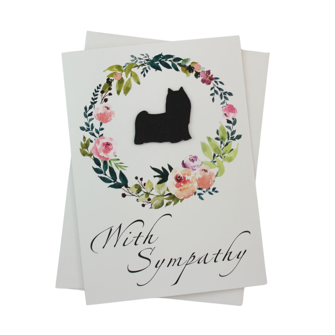 Black Yorkshire Terrier Sympathy Card: Floral Wreath, Handmade Pet Condolences