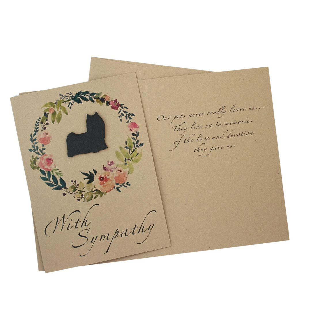 Black Yorkshire Terrier Sympathy Card: Floral Wreath, Handmade Pet Condolences