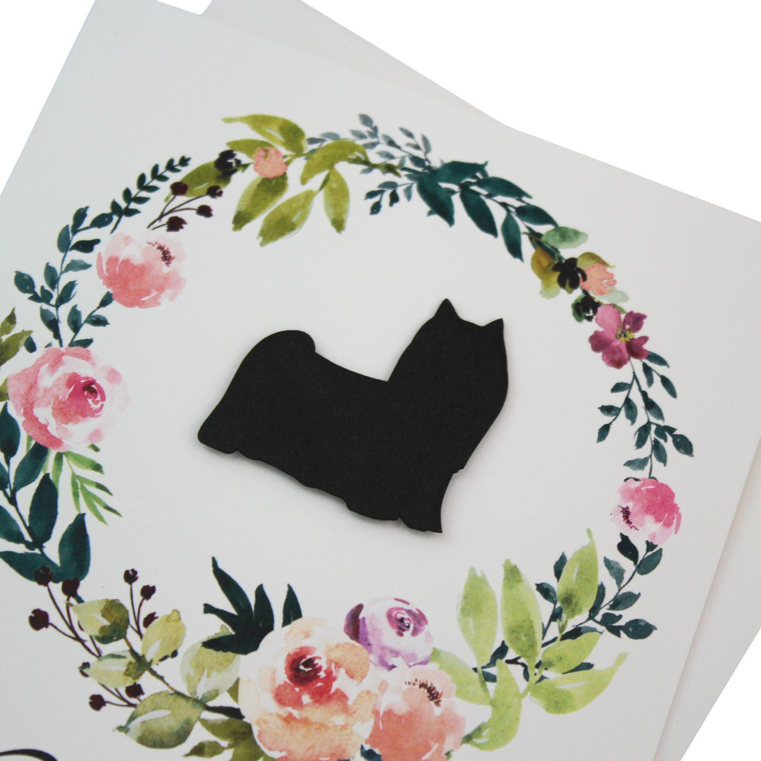 Black Yorkshire Terrier Sympathy Card: Floral Wreath, Handmade Pet Condolences