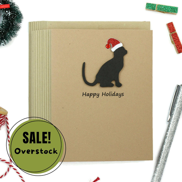 Handmade Black Cat Christmas Cards: Sparkly Santa Hat, Set of 10