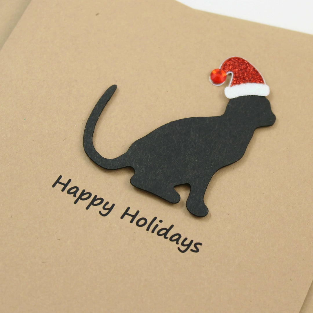 Handmade Black Cat Christmas Cards: Sparkly Santa Hat, Set of 10