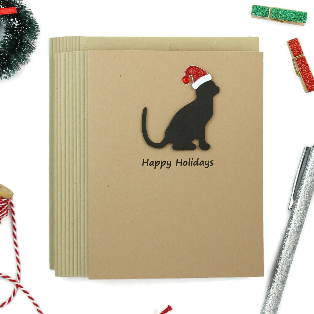 Handmade Black Cat Christmas Cards: Sparkly Santa Hat, Set of 10
