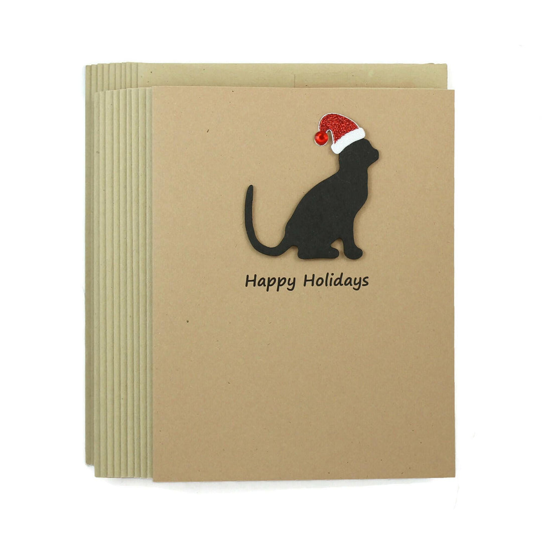 Handmade Black Cat Christmas Cards: Sparkly Santa Hat, Set of 10
