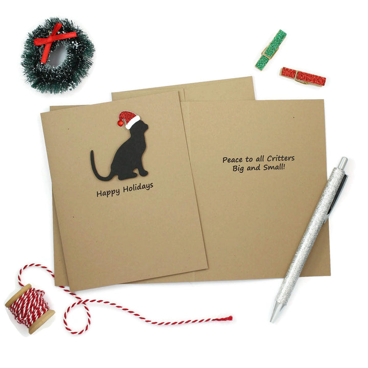 Handmade Black Cat Christmas Cards: Sparkly Santa Hat, Set of 10