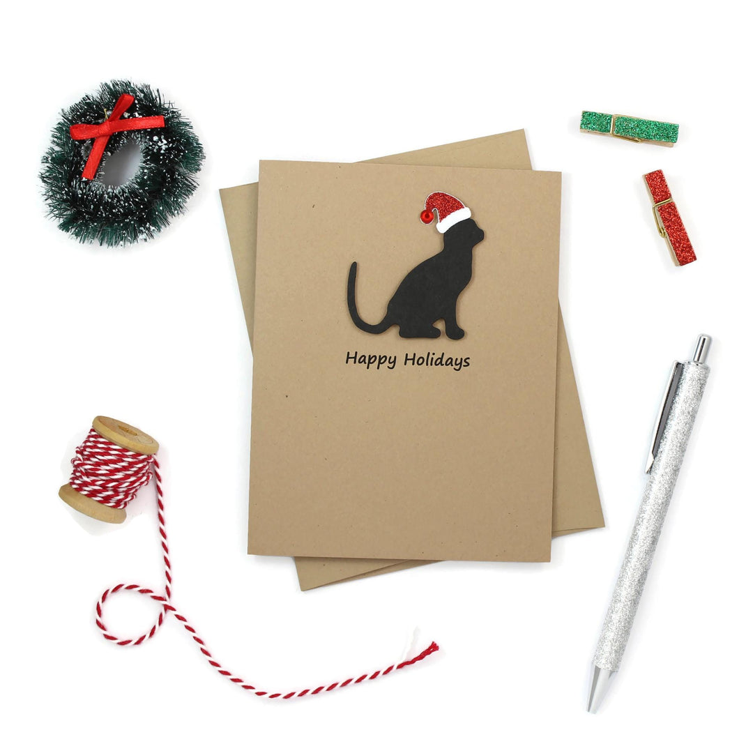 Handmade Black Cat Christmas Cards: Sparkly Santa Hat, Set of 10