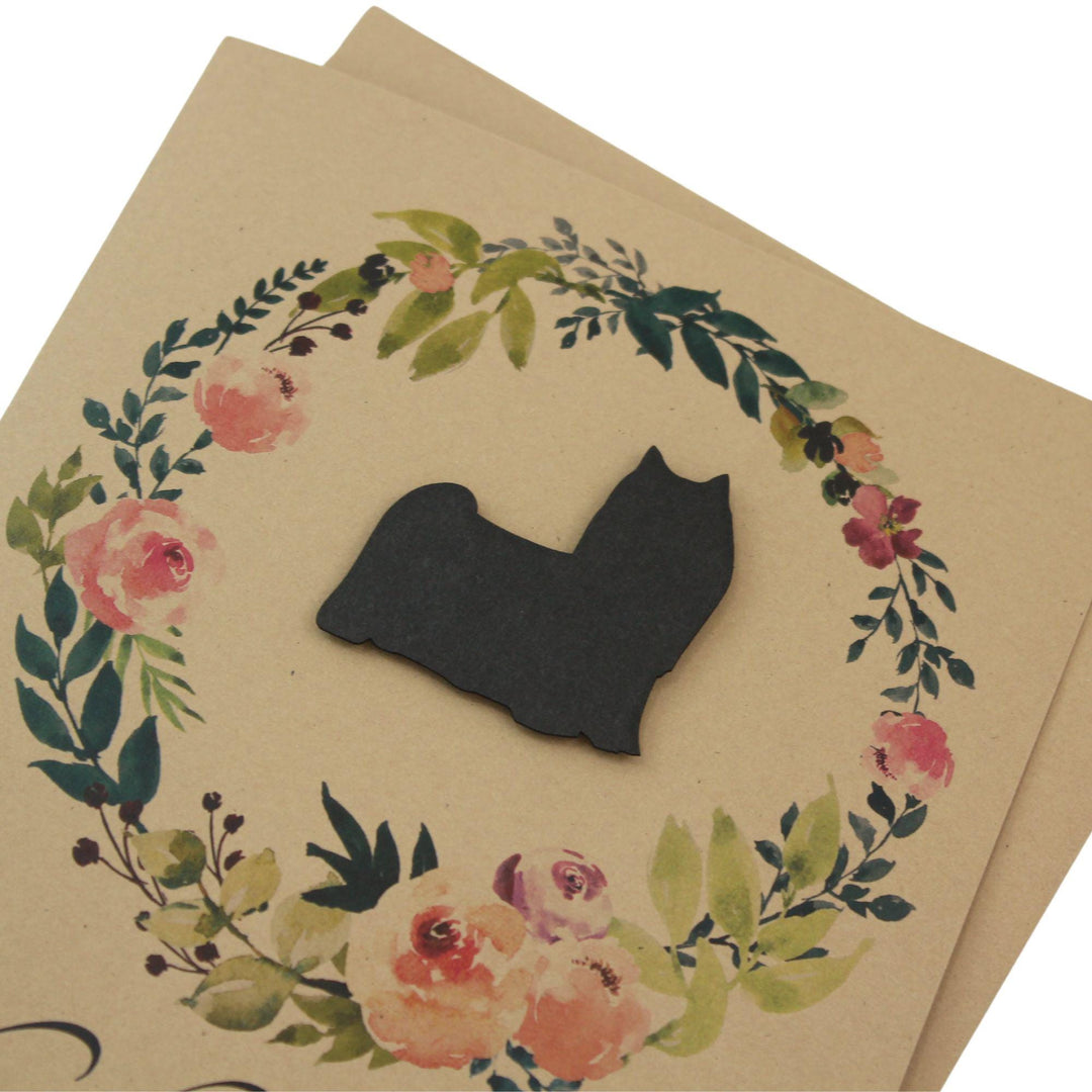 Black Yorkshire Terrier Sympathy Card: Floral Wreath, Handmade Pet Condolences