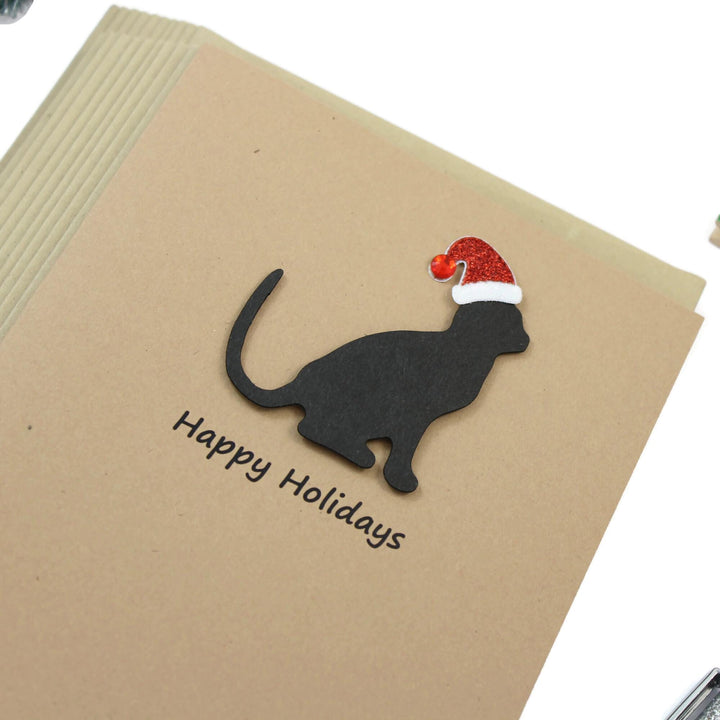 Handmade Black Cat Christmas Cards: Sparkly Santa Hat, Set of 10