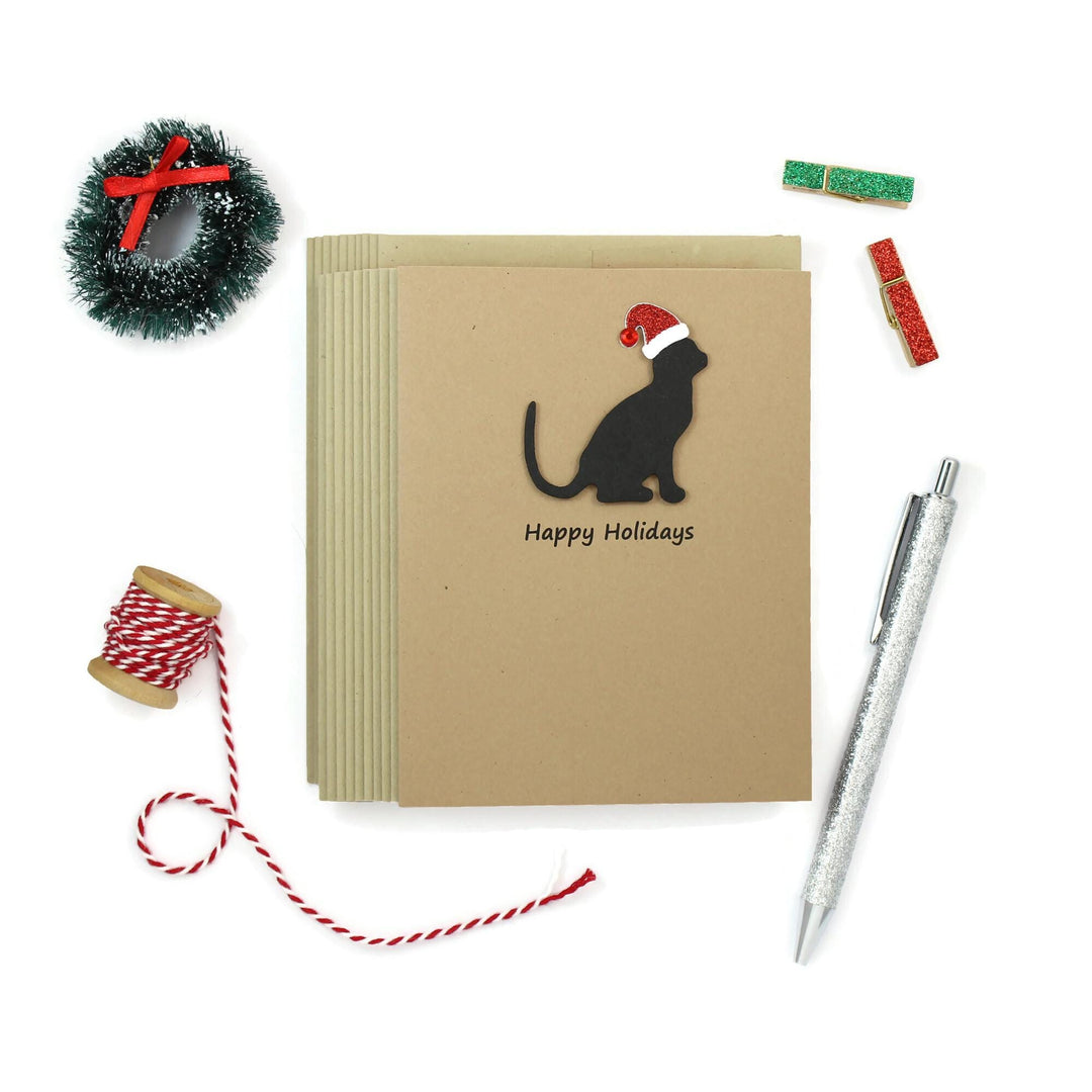 Handmade Black Cat Christmas Cards: Sparkly Santa Hat, Set of 10