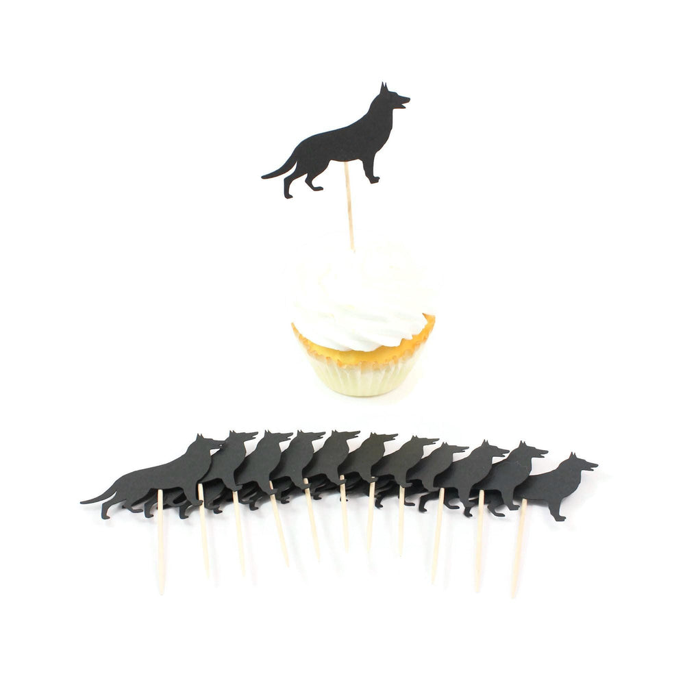 German Shepherd Dog Cupcake Toppers: Black Dog Birthday Party Decor (Set of 12)