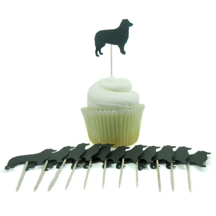 Border Collie Dog Cupcake Toppers: Black Dog Birthday Party Decor (Set of 12)
