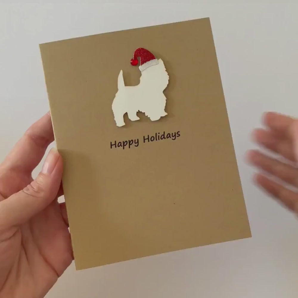 West Highland White Terrier Christmas Cards Pack of 10 | Westie Holiday Notecards | Dog Greeting with Sparkly Santa hat | Kraft Brown