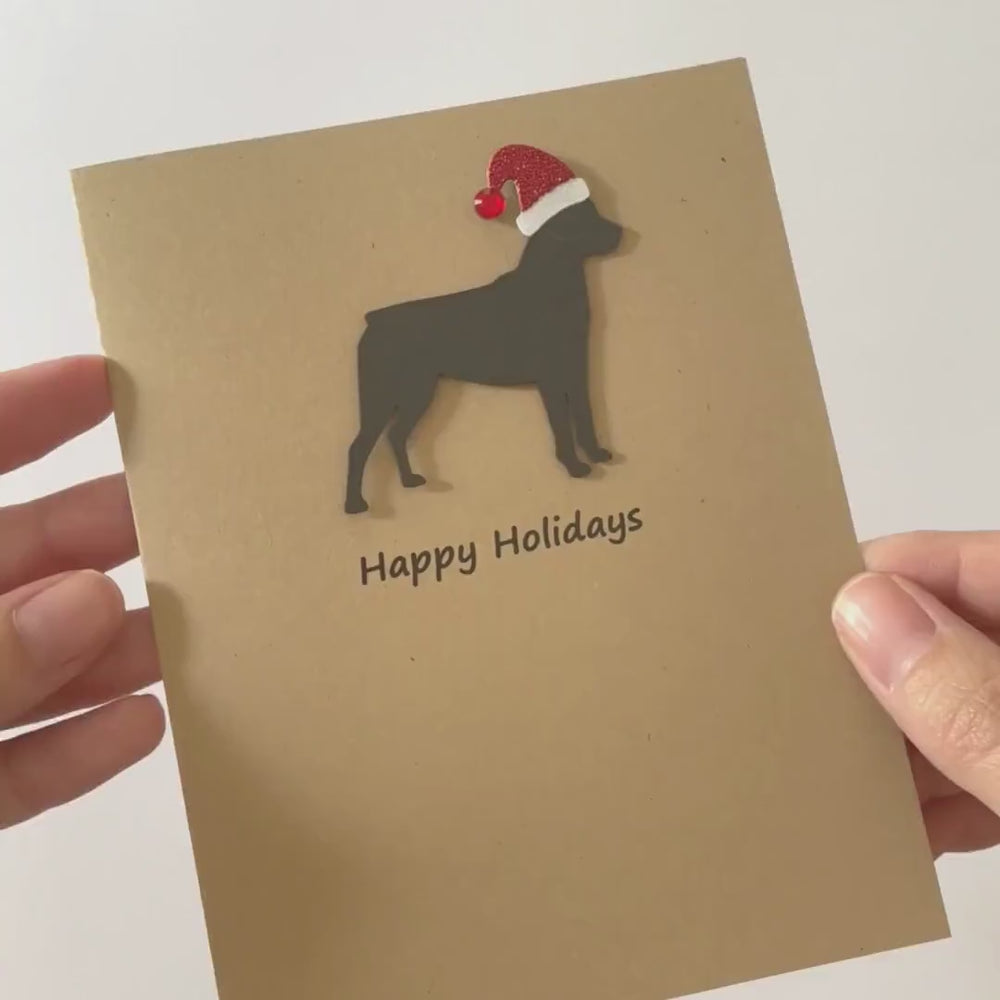 Rottweiler Christmas Greeting Cards Pack of 10 | Handmade Rottie Black Dog Holiday Boxed Set | Sparkly Santa Hat Kraft Brown Envelopes