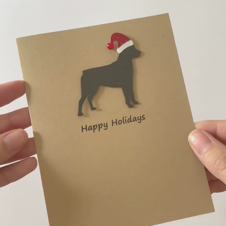 Rottweiler Christmas Greeting Cards Pack of 10 | Handmade Rottie Black Dog Holiday Boxed Set | Sparkly Santa Hat Kraft Brown Envelopes