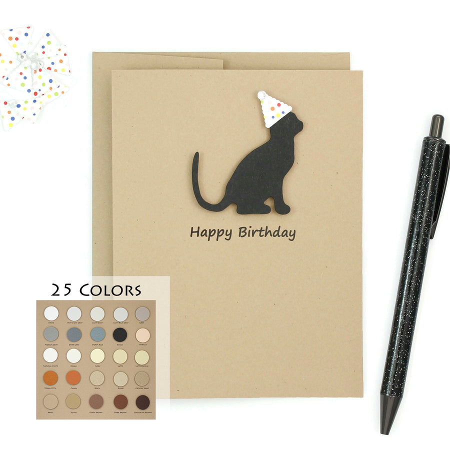 Cat Birthday Cards Single Card or 10 Pack | Handmade 25 Cat Colors Available | Cat with Party Hat Notecards | Choose Inside Phrase - Embellish by Jackie