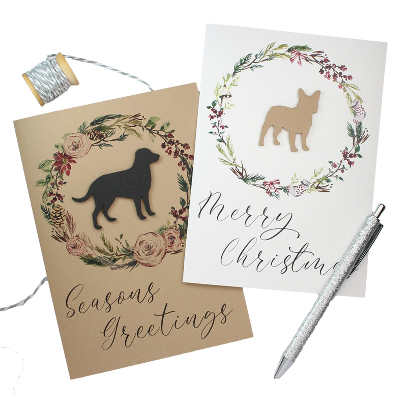 Dog and Wreath Christmas Cards | 200+ Dog Breeds | 3 Wreaths 25 Dog Colors | Choose Front and Inside Phrase | White or Brown Card Base