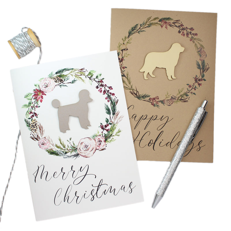 Dog and Wreath Christmas Cards | 200+ Dog Breeds | 3 Wreaths 25 Dog Colors | Choose Front and Inside Phrase | White or Brown Card Base